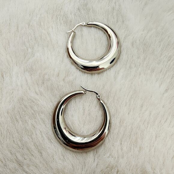 NEW Elegant Silver Stainless Steel Chunky Large Hoop Earrings - Picture 5 of 8